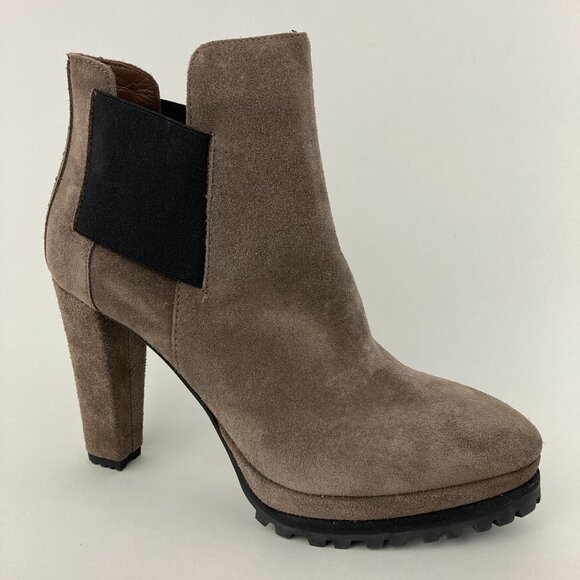 NWT All Saints Studded Sarris Suede Ankle Booties Size 6 Taupe Heels Almond Toe - Picture 1 of 11
